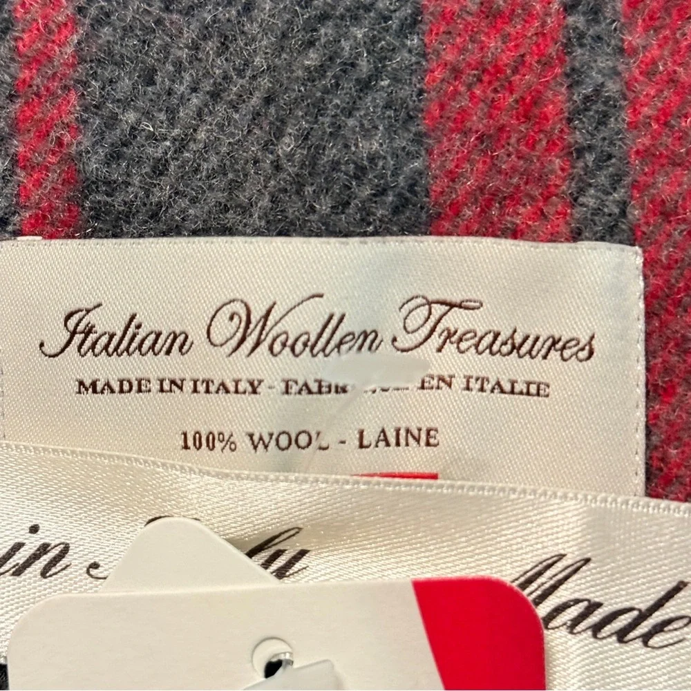 Italian Woollen Treasures - Gray and Red Plaid Scarf - 100% Wool - NWT